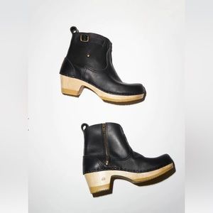 No. 6  5” Leather Clog Buckle Boot Mid Heel Black